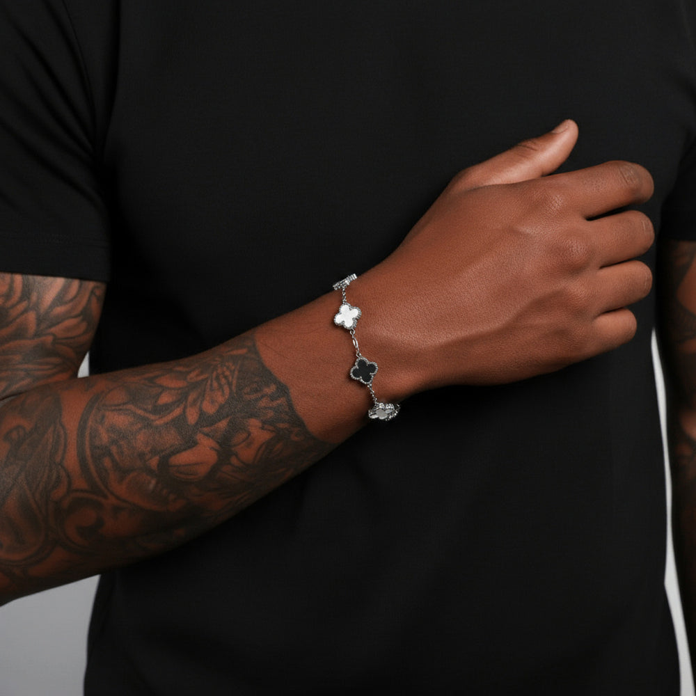 צמיד תלתן כסף – שחור & לבן