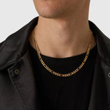 Gold chain necklace worn by a person against a neutral background