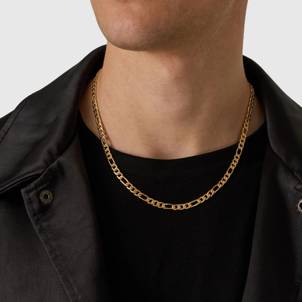 Gold chain necklace worn by a person against a neutral background