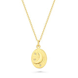 Gold necklace with a pendant featuring a moon design on a white background