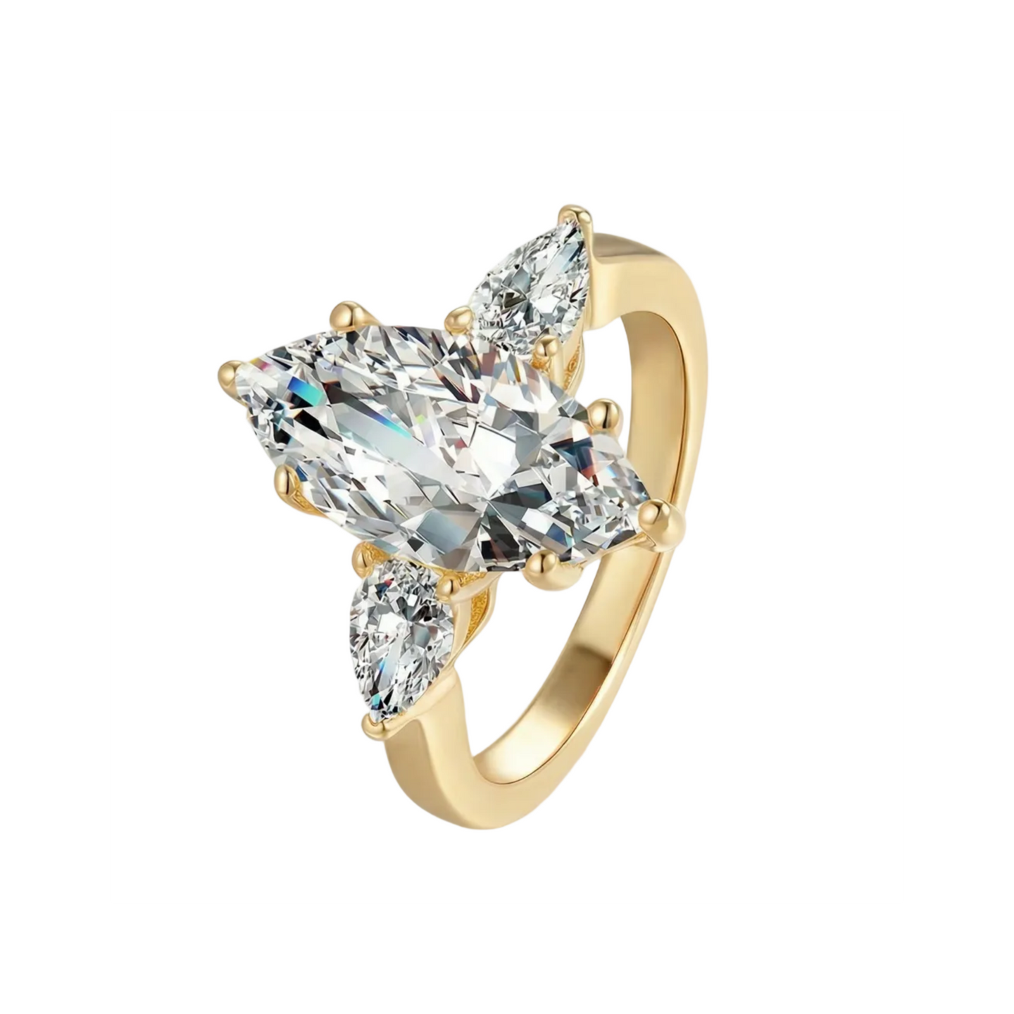 Gold ring with three diamonds on a light gray background