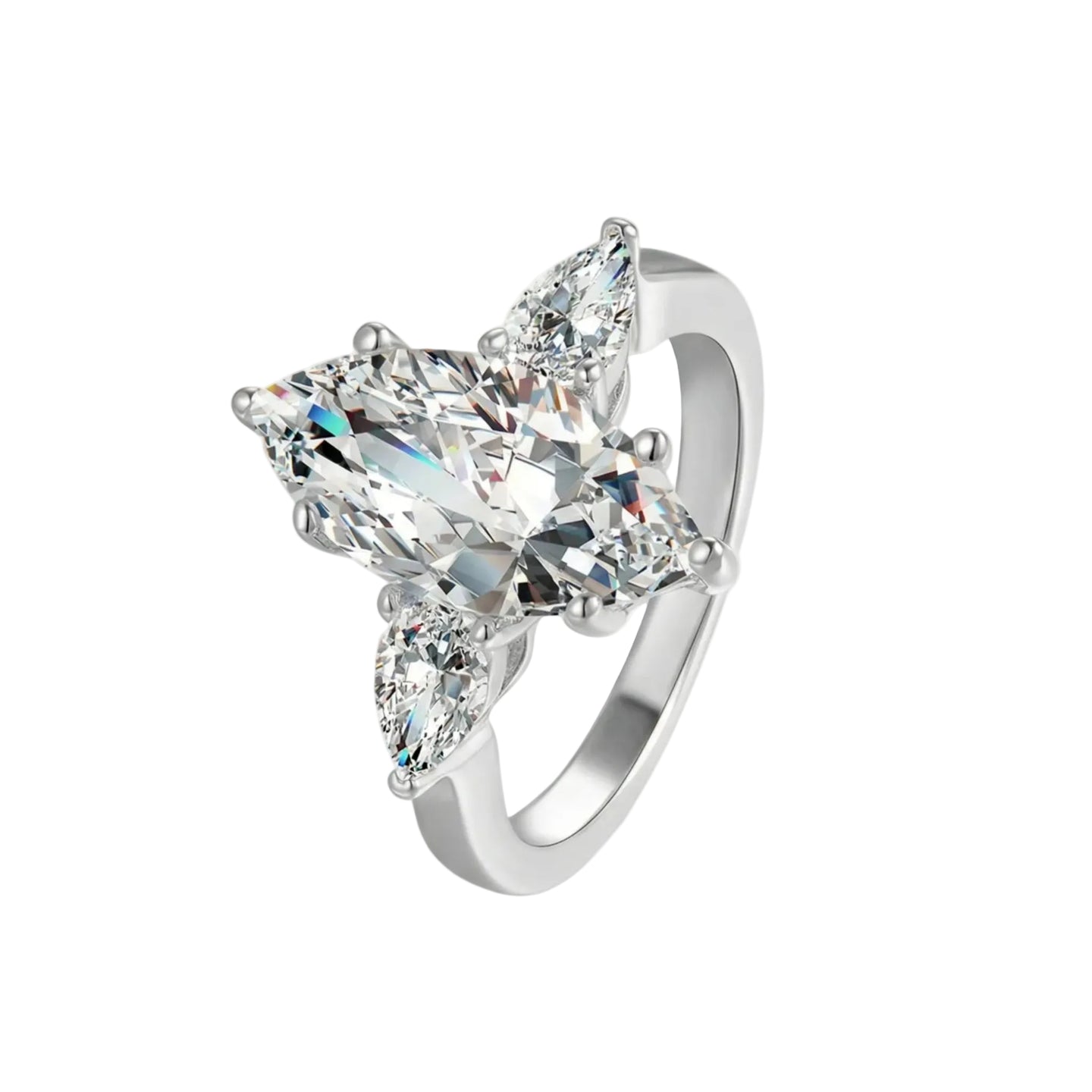 Diamond ring with three clear gemstones on a white background
