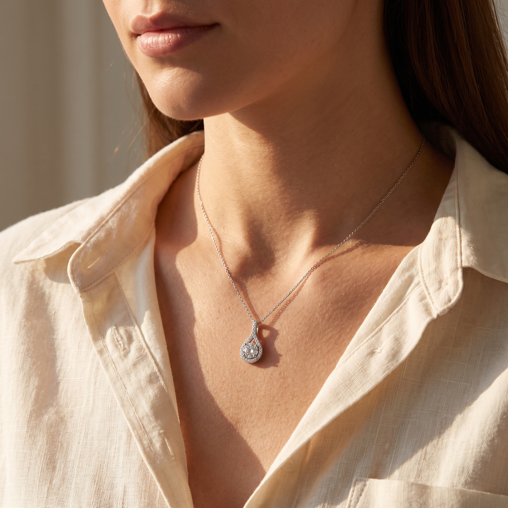 Dalia Halo Drop Pendant Necklace - White Gold