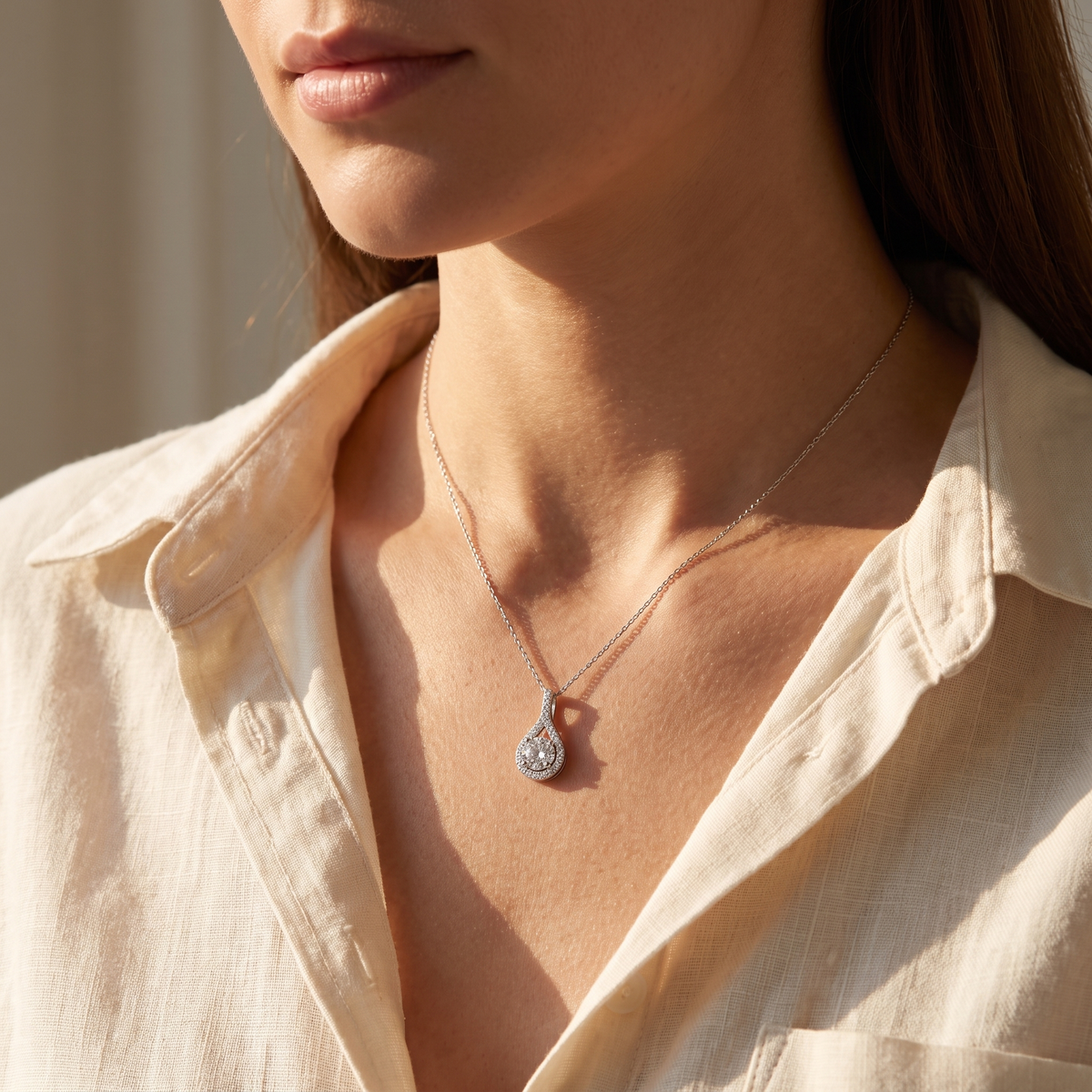 Dalia Halo Drop Pendant Necklace - White Gold