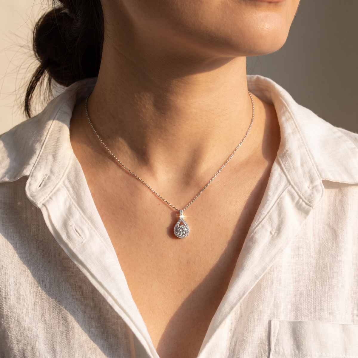 Dalia Halo Drop Pendant Necklace - White Gold