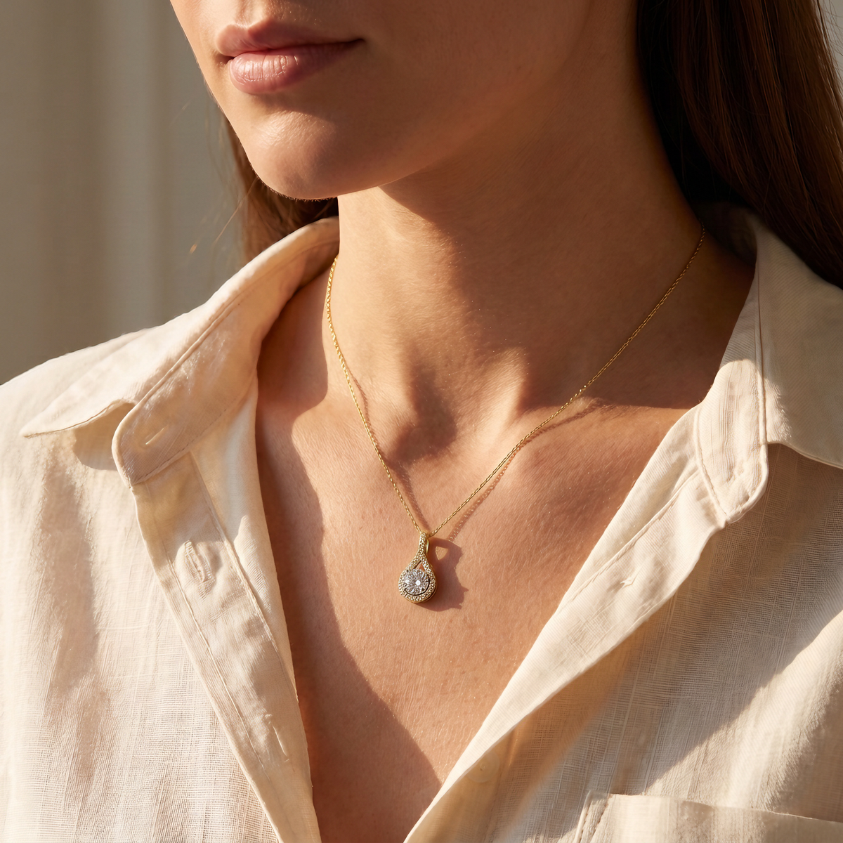 Dalia Halo Drop Pendant Necklace - Gold