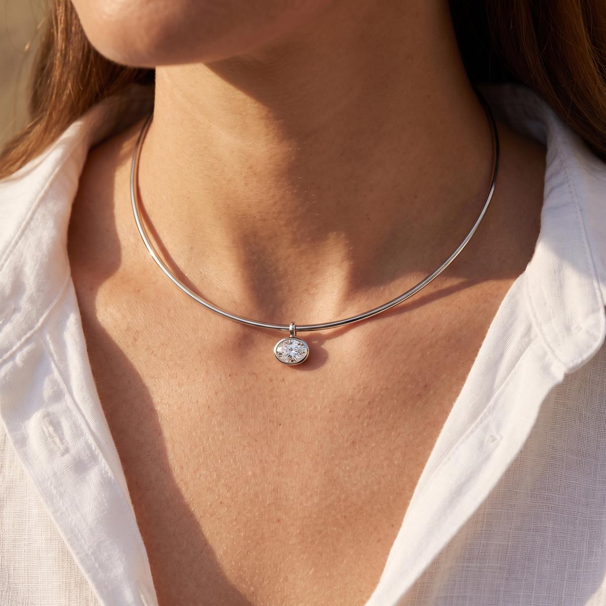 Sienna Bezel Oval Collar Necklace - White Gold