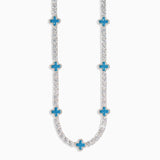 Necklace with blue flower-shaped pendants on a white background
