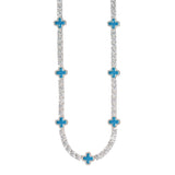 Necklace with blue flower-shaped pendants on a white background