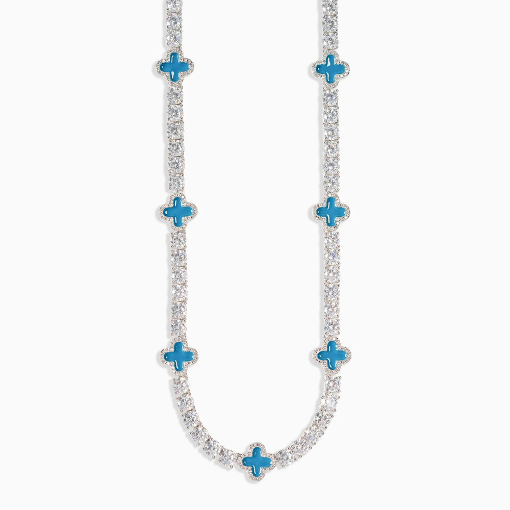 Necklace with blue flower-shaped pendants on a white background