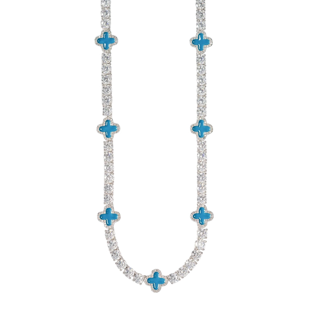 Necklace with blue flower-shaped pendants on a white background