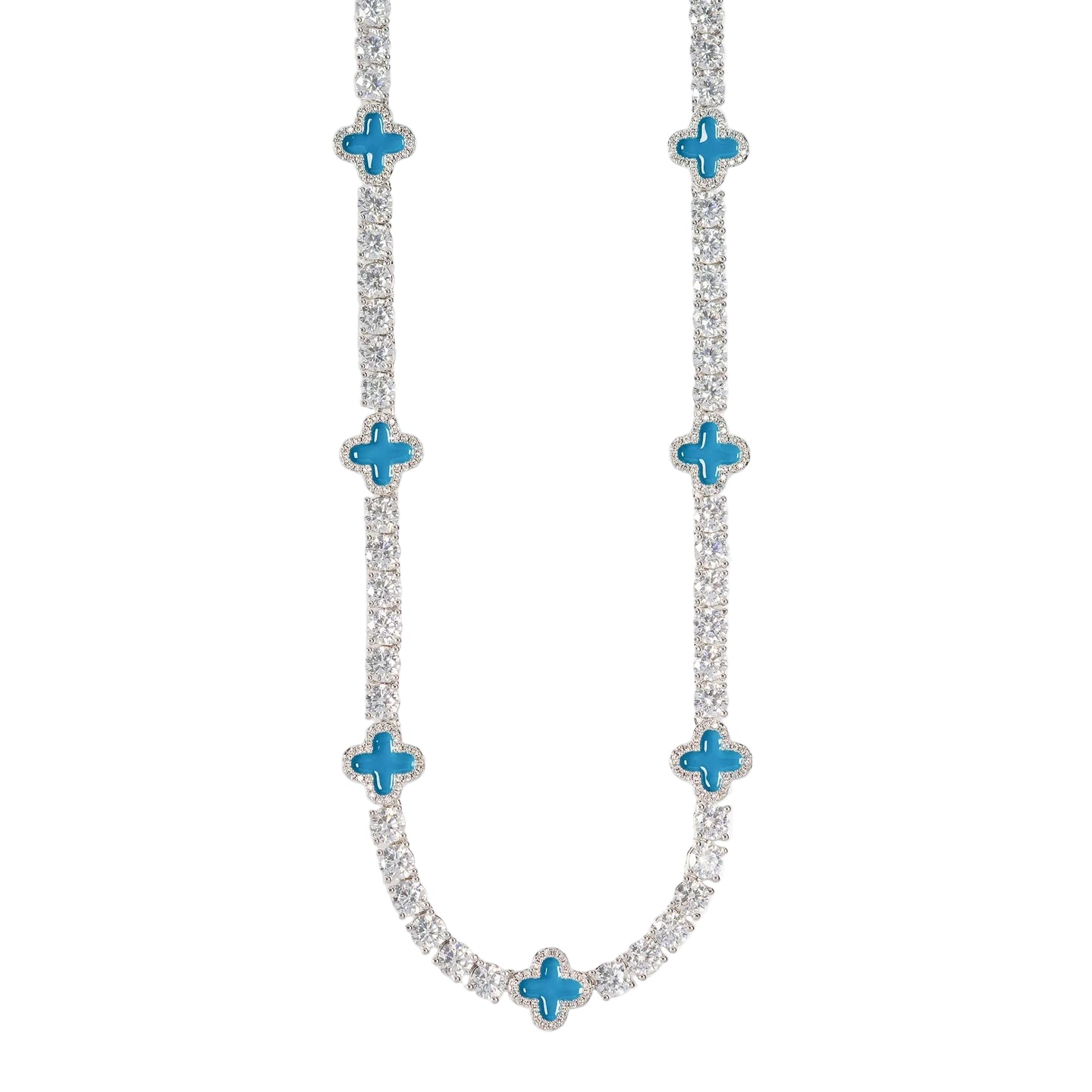 Necklace with blue flower-shaped pendants on a white background