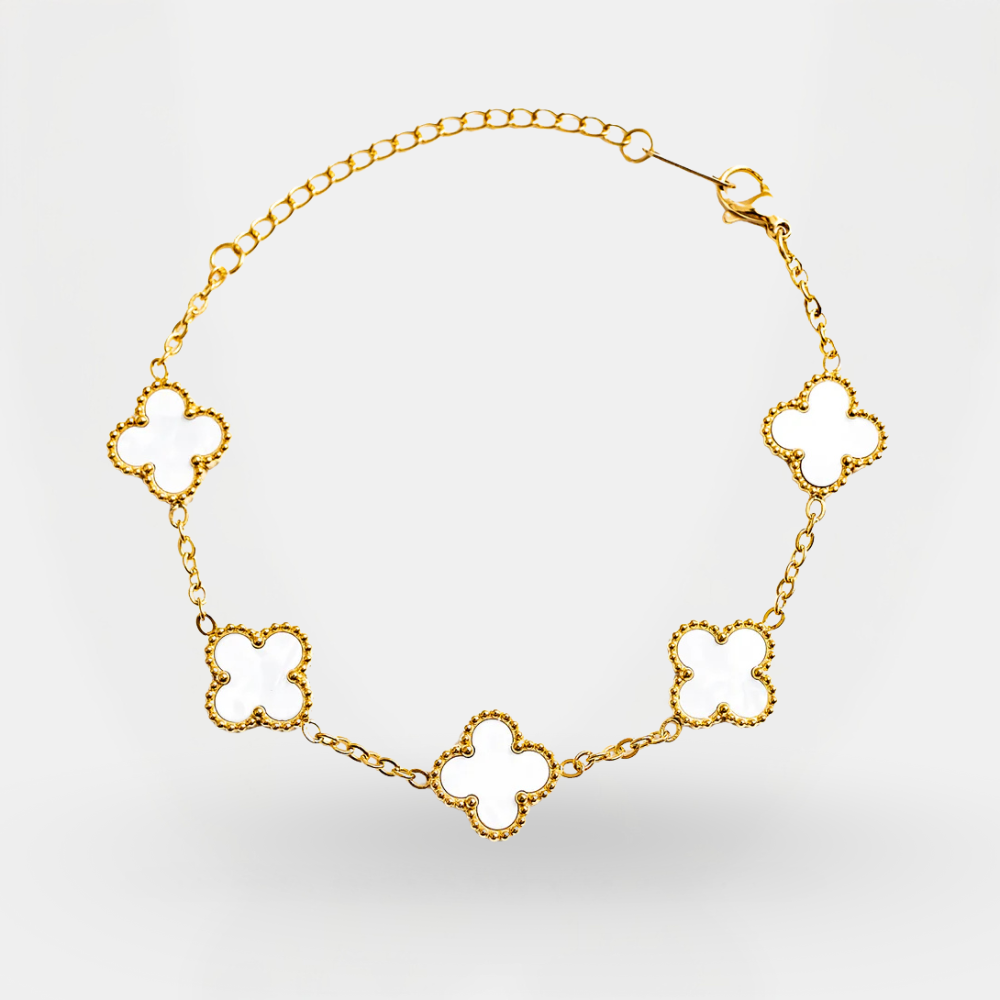 Gold necklace with clover-shaped links on a light gray background