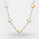 Gold necklace with clover-shaped pendants on a light gray background