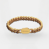 Gold chain bracelet with 'Zenora' tag on a white background