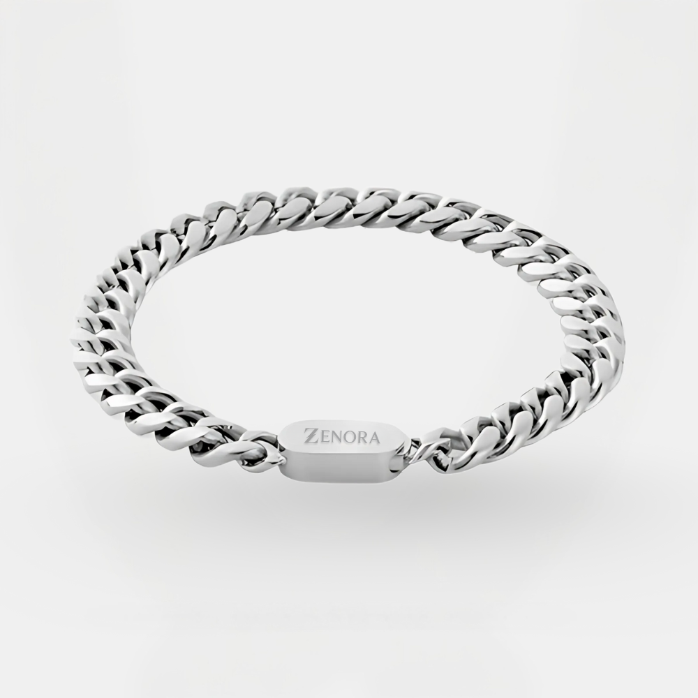 Silver chain bracelet with 'Zenora' branding on a light gray background