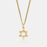 Gold necklace with a Star of David pendant on a light gray background