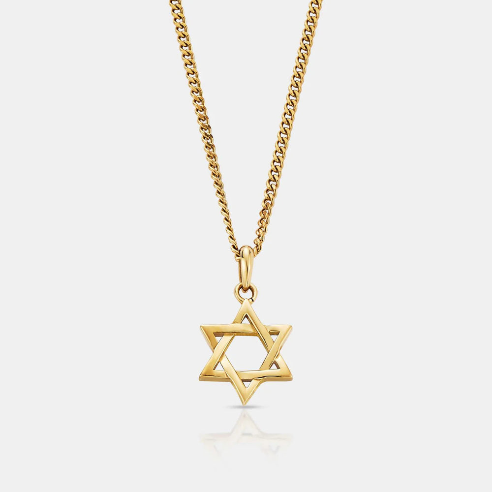Gold necklace with a Star of David pendant on a light gray background