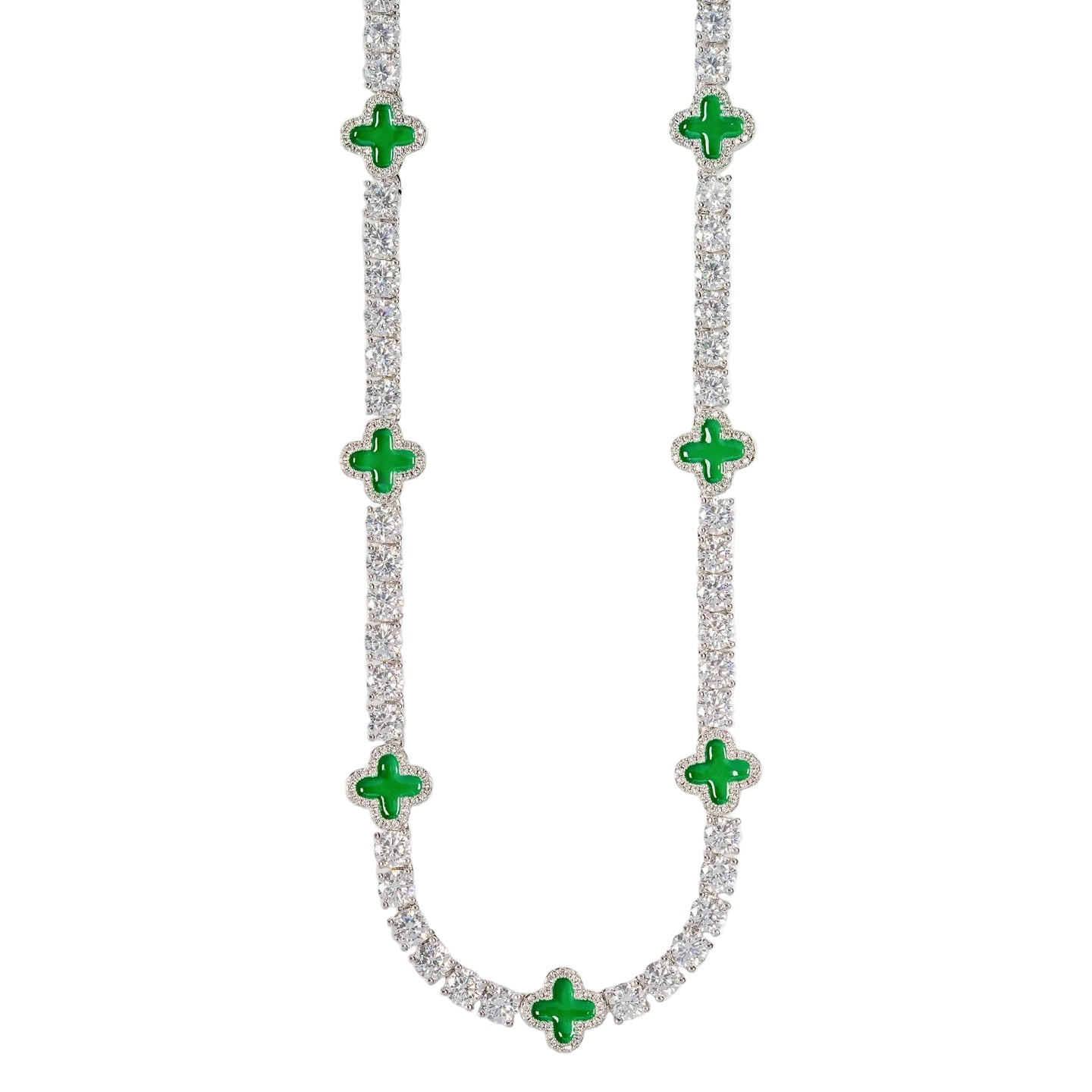 Necklace with green gemstones on a white background