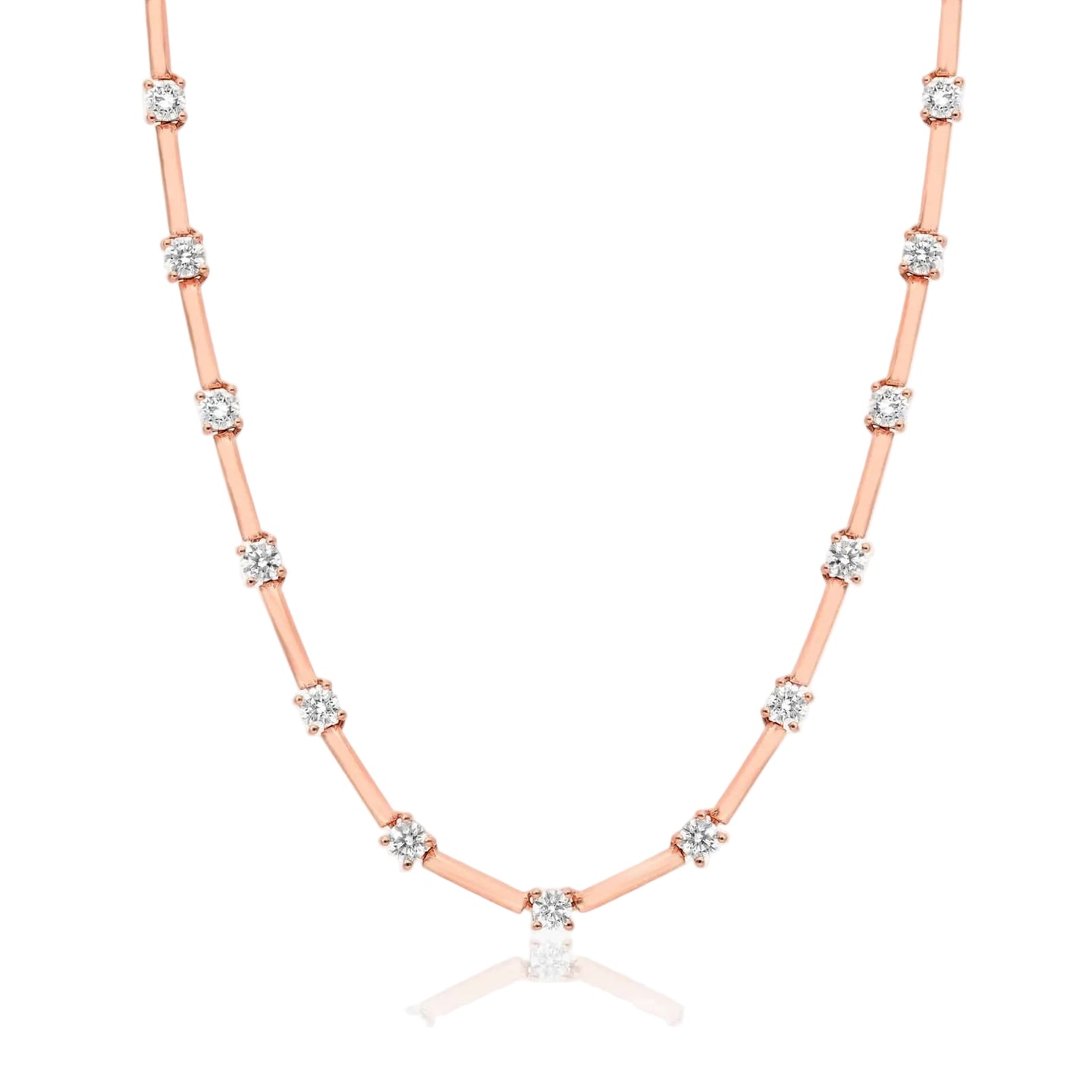 Rose gold necklace with diamonds on a white background