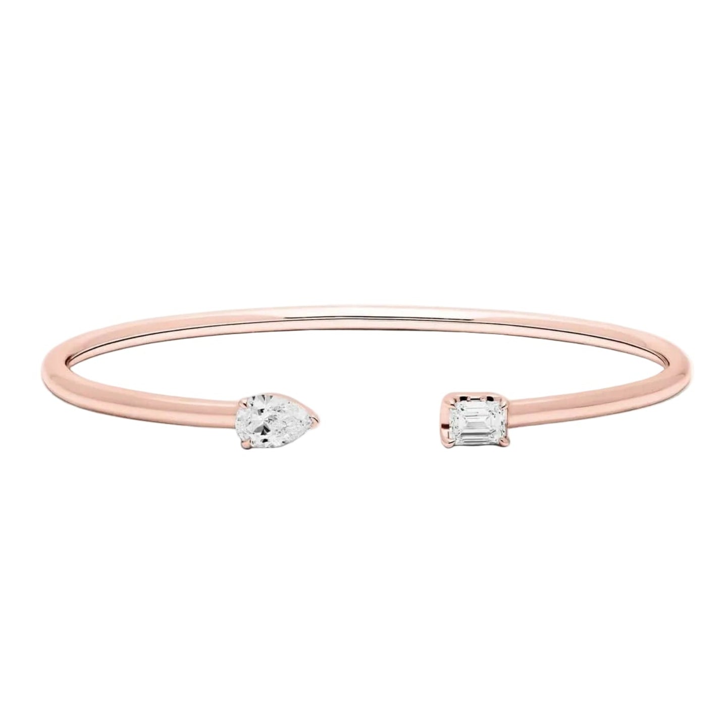 Rose gold bracelet with two clear diamonds on a white background