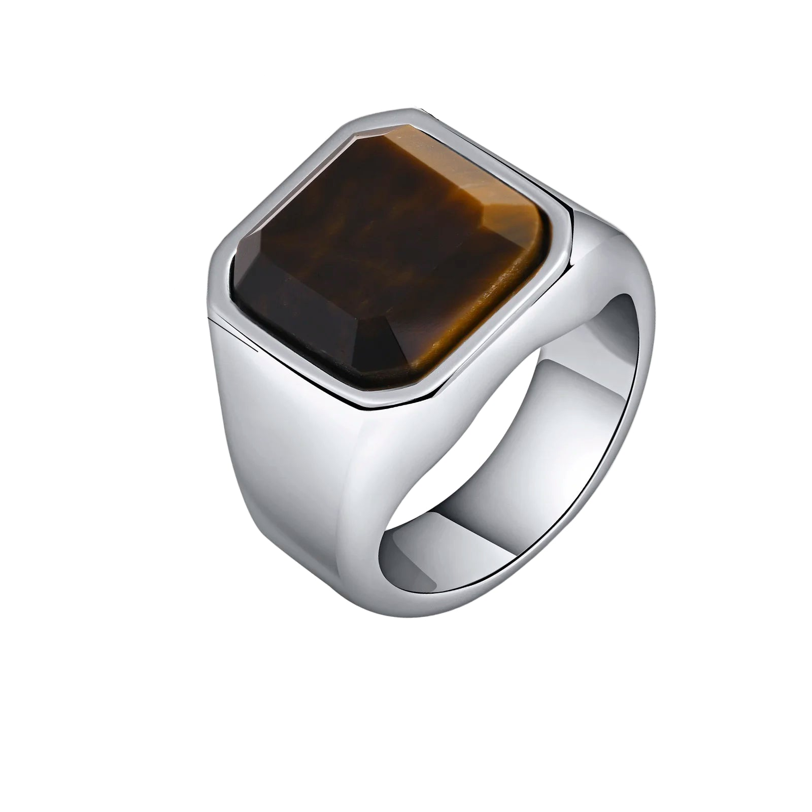 Silver ring with a brown stone and measurements on a white background