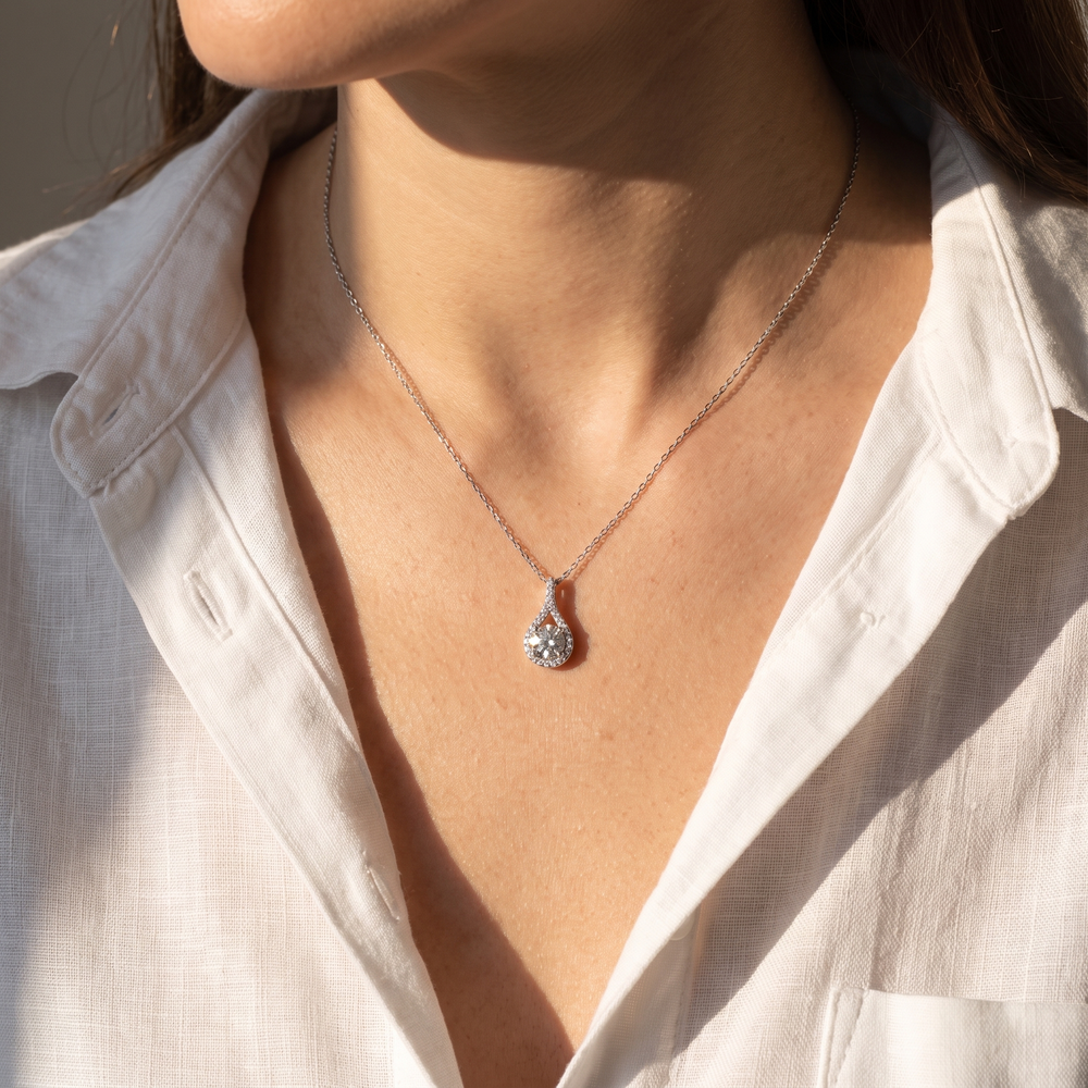 Dalia Halo Drop Pendant Necklace - White Gold