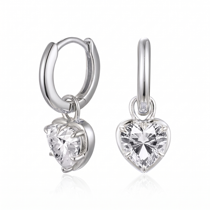 Heart Drop Huggie Earrings - White Gold