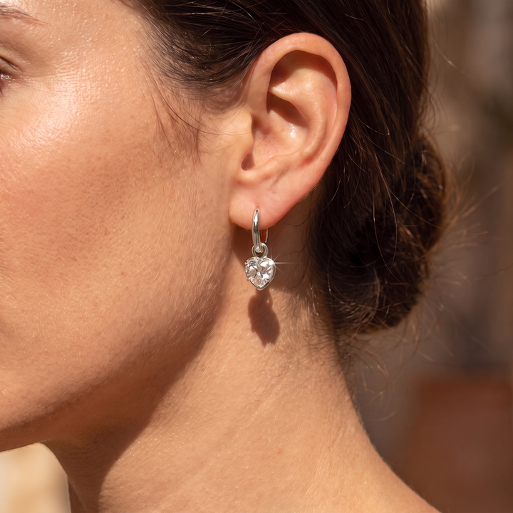 Heart Drop Huggie Earrings - White Gold