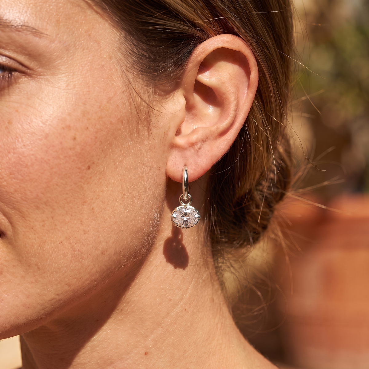 Ivy Oval Drop Huggie Earrings - White Gold