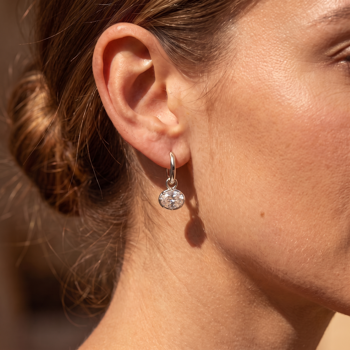 Ivy Oval Drop Huggie Earrings - White Gold
