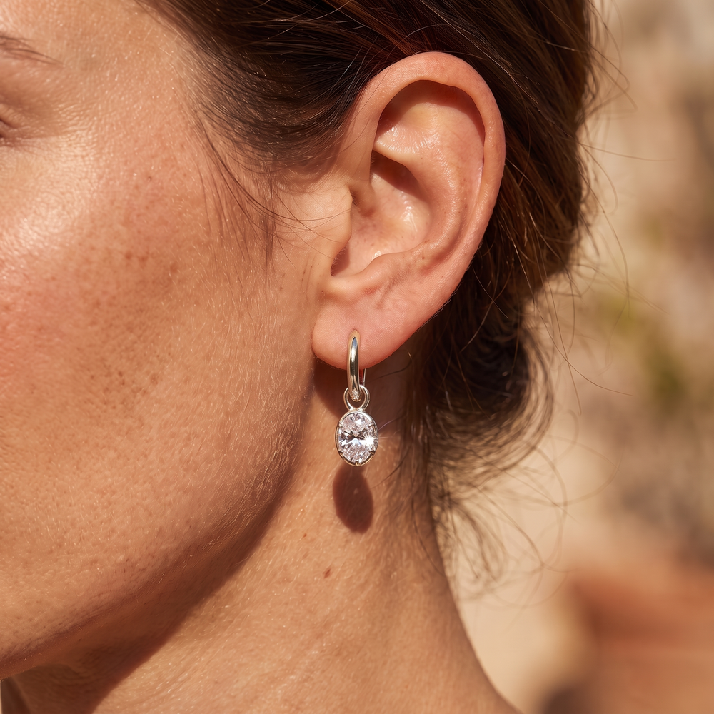 Sol Oval Drop Huggie Earrings - White Gold