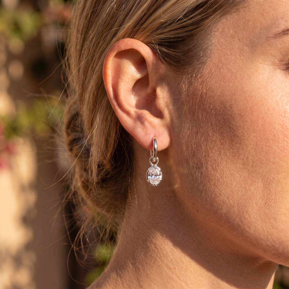 Sol Oval Drop Huggie Earrings - White Gold