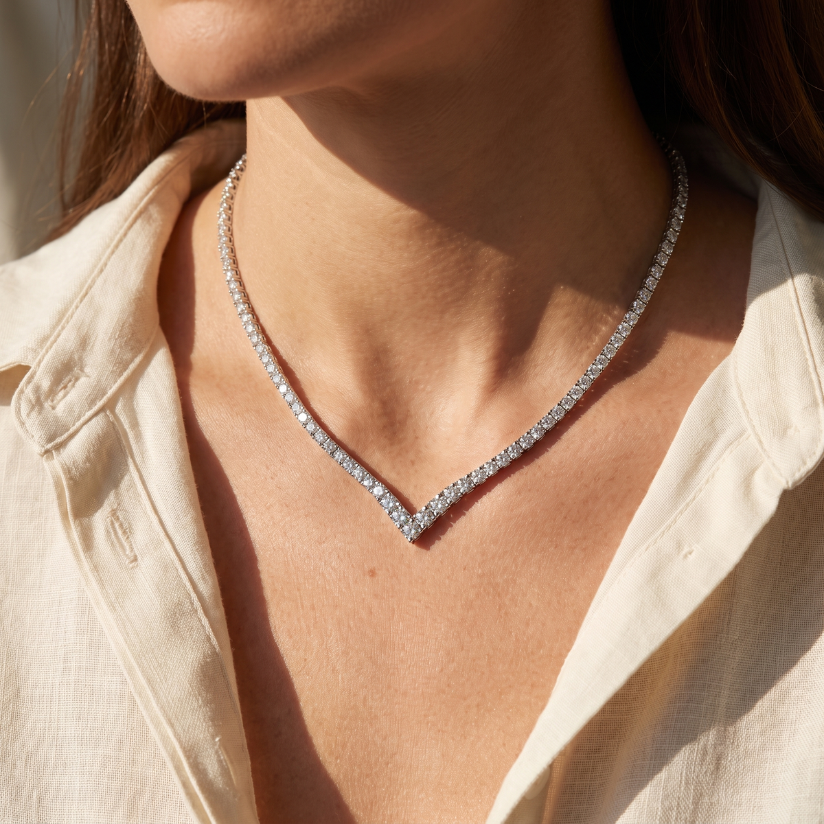 Victoria Graduated V Tennis Necklace - White Gold