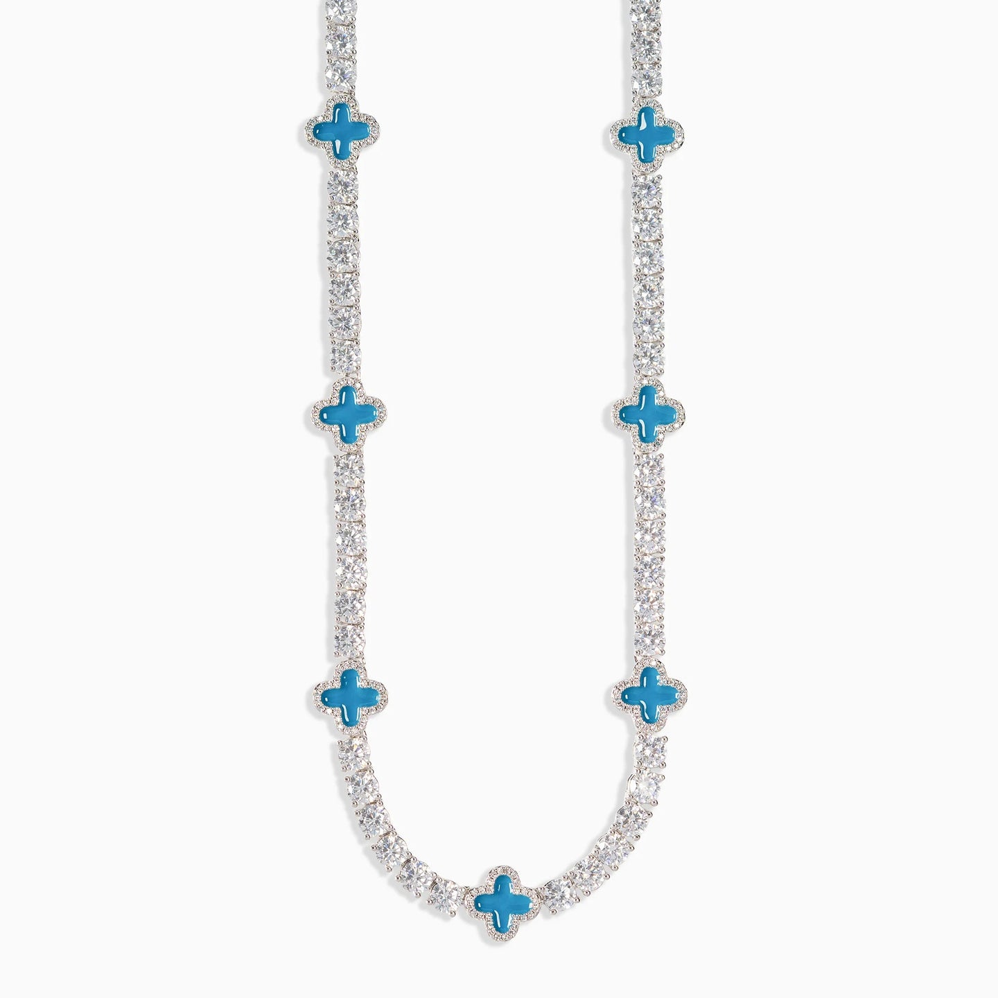 Necklace with blue flower-shaped pendants on a white background