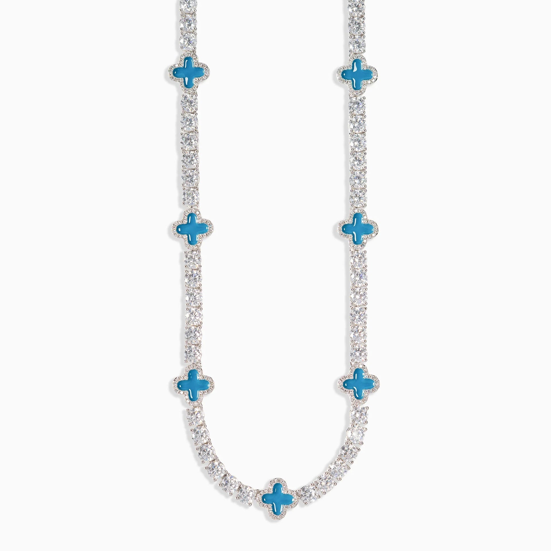 Necklace with blue flower-shaped pendants on a white background