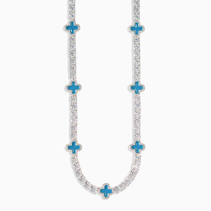 Necklace with blue flower-shaped pendants on a white background