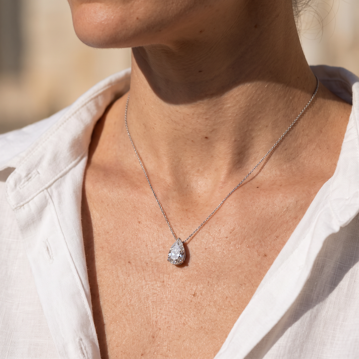 Pear Pendant Necklace - White Gold