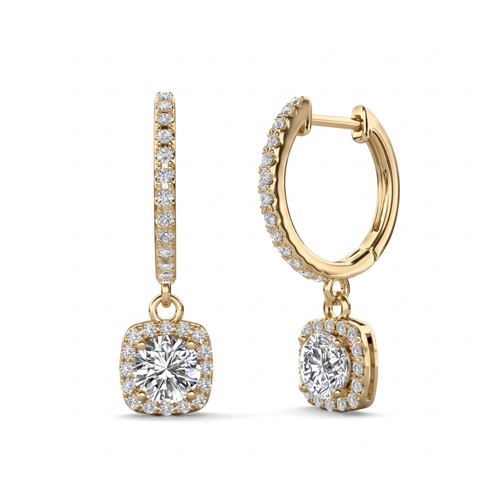 Mira gold cushion cut halo drop earrings