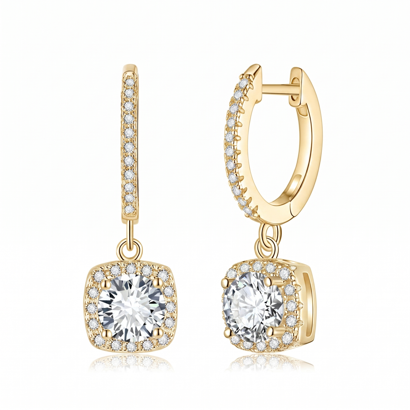 Mira cushion cut moissanite drop earrings in gold