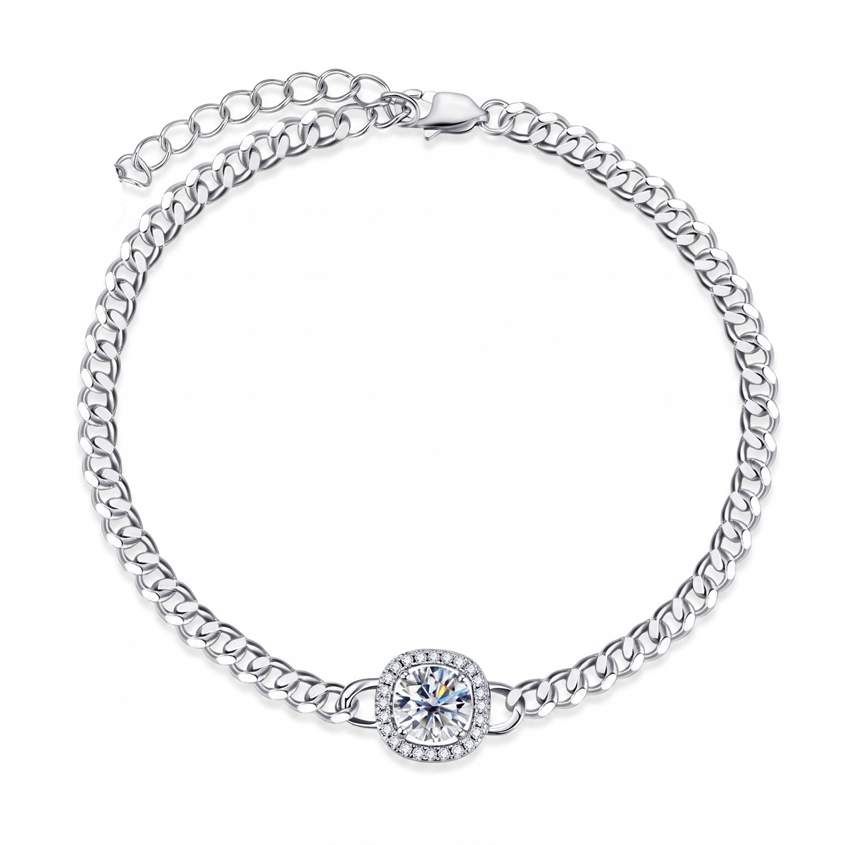 Halo Curb-Chain Bracelet - White Gold