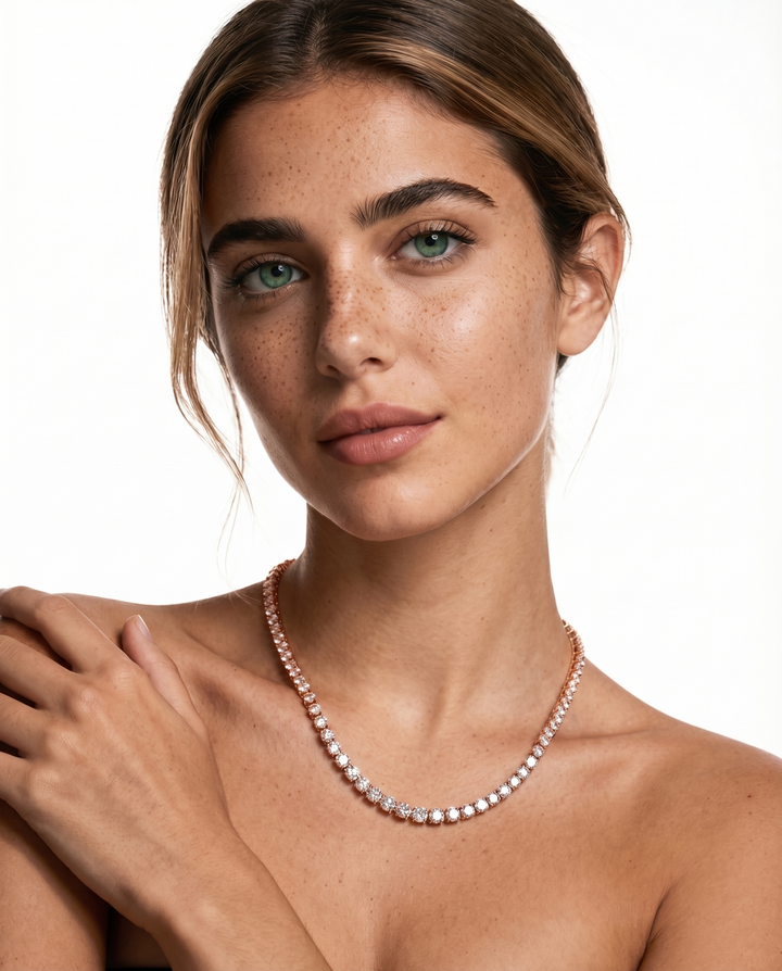 Aria Tennis Necklace 5MM rose gold on model