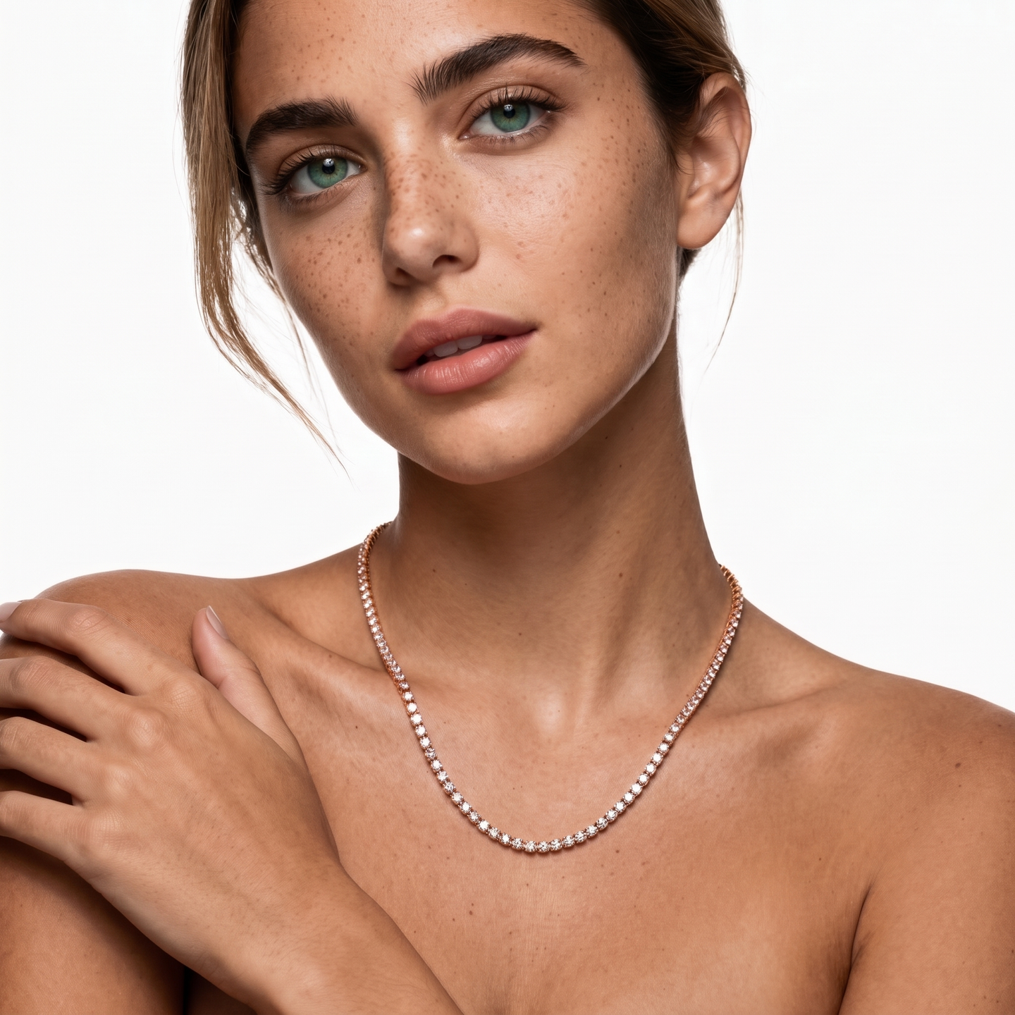 Aura Tennis Necklace 3MM rose gold on model