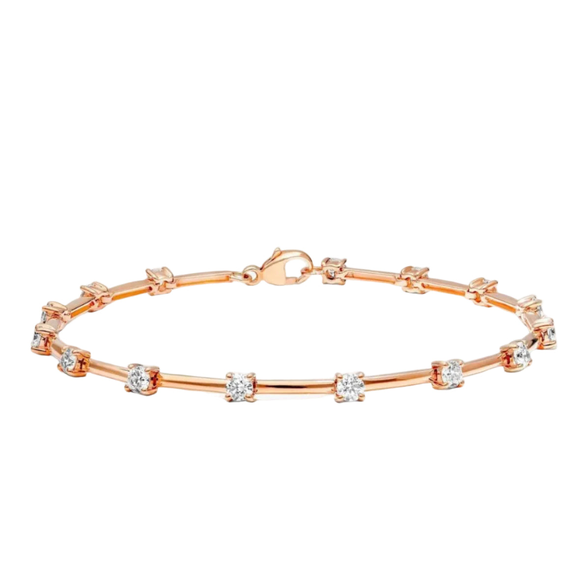 Rose gold bracelet with small diamonds on a white background
